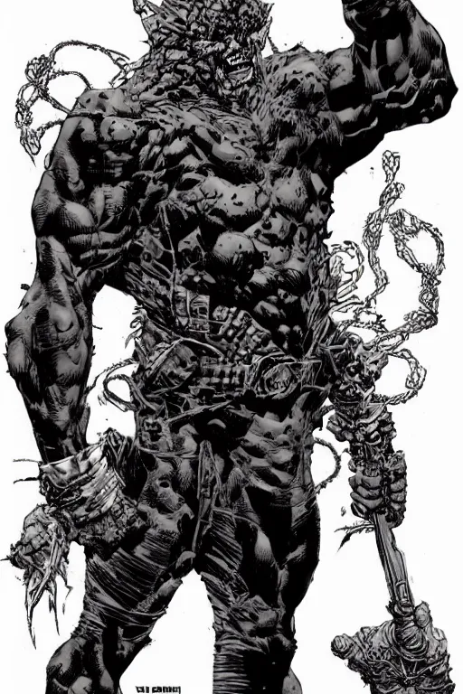 Prompt: A full body portrait of a new antihero character standing on skulls art by Marc Silvestri and Jim Lee, trending on artstation, ominous, mysterious