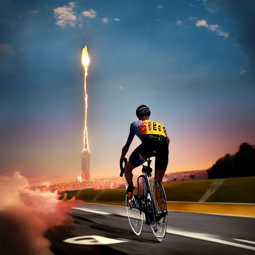 Prompt: sport photography of lance amstrong biking on the tour de france ( tdf ) with a huge lit rocket on his back, motion blur, 8 0 mm, f 4. 0, golden hour, trending on artstation, hyper realistic