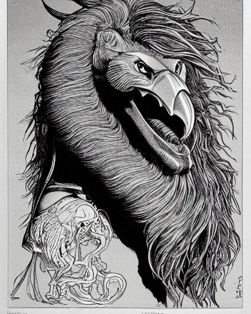 Image similar to a creature with the body and eyes of a man, with the beak of an eagle, the mane of a lion, and the horn of a bull. drawn by moebius