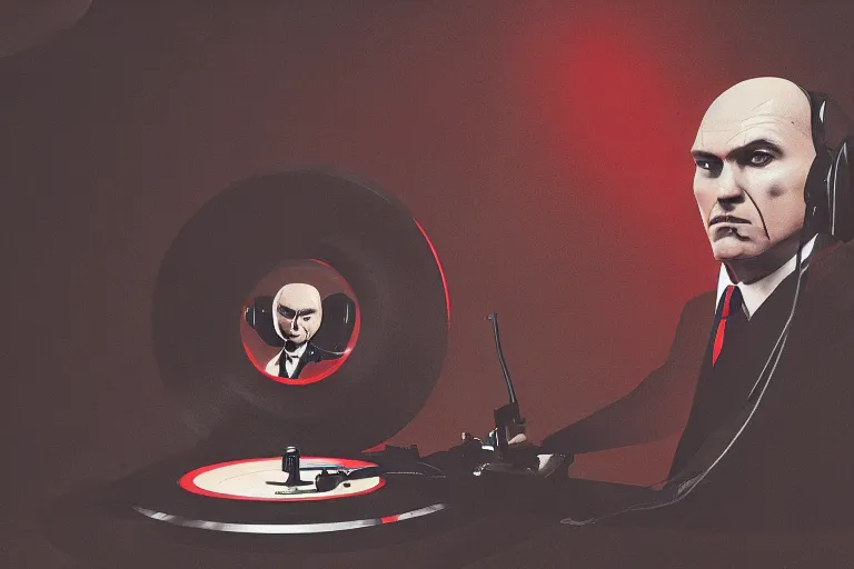 Image similar to a portrait of agent 4 7 from hitman wearing headphones and putting a vinyl record onto a turntable, dark background, red rim light, digital art, artstation, concept art by giger stalenhag