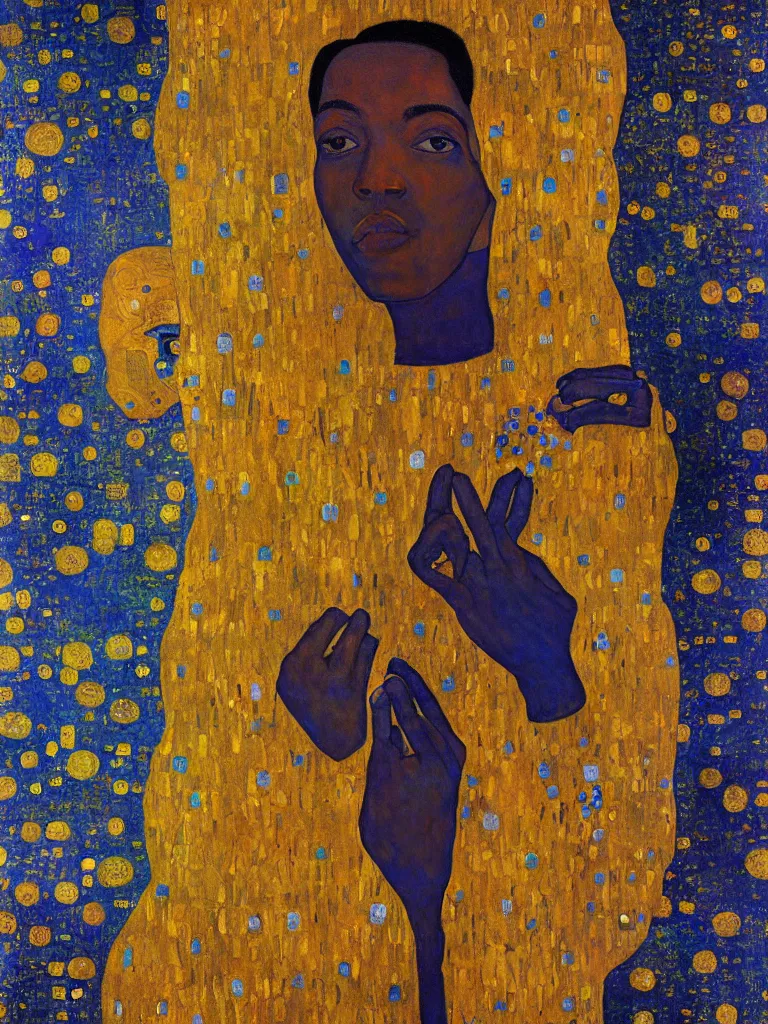 Image similar to a beautiful portrait painting of mahad magandi in front of the whole world united in the art style of Gustav Klimt, impasto oil painting, blue and golden color scheme