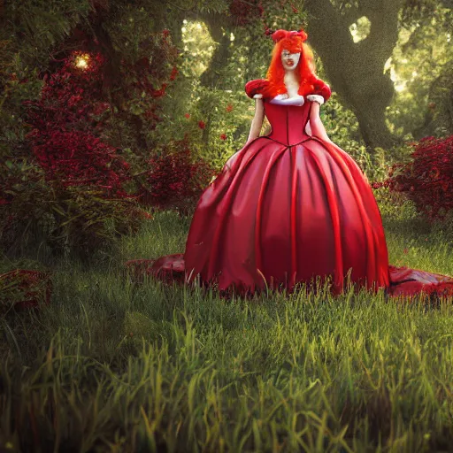 Prompt: red head queen gown, full body, alice in wonderland theme, disney photo realistic, octane render, 8 k, unreal engine, hd, cinematic lighting