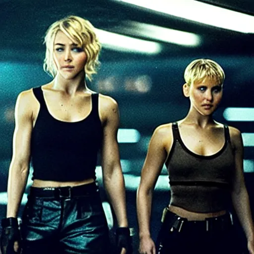 Image similar to julianne hough and jennifer lawrence by ridley scott, secret agents, wearing black shorts, wearing black boots, wearing a cropped tops, blade runner, highly detailed, movie still, intense, sharp focus, cyberpunk, hq