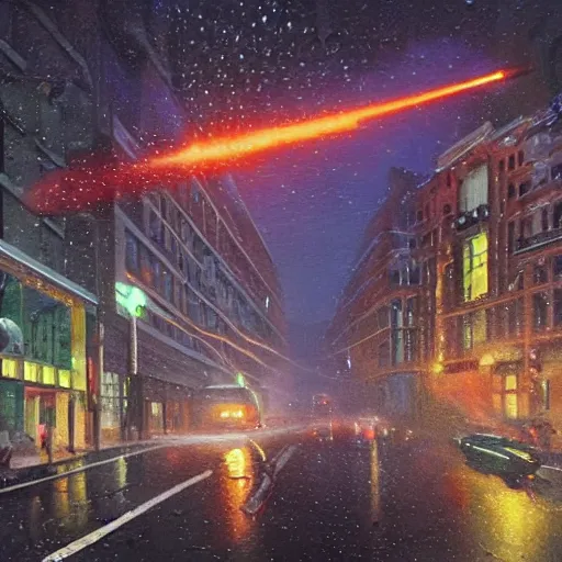 Image similar to hyperrealistic oil painting of the aliens invading earth at the rainy day all the people are running the street are ruined the buildings are on fire and the aliens are shooting laser guns 3 d