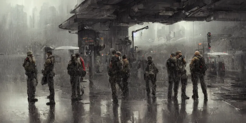 Prompt: private military company operatives standing outside immigration check point with severe weather storms behind, hong kong, cinematic, realistic, detailed, intricate, digital art, ambient lighting, by jordan grimmer, industrial art style, 3 5 mm film grain, artstation
