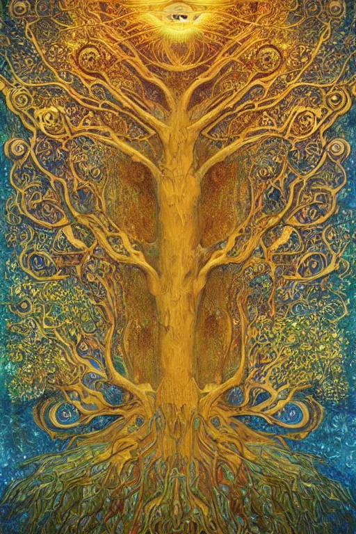 Image similar to Tree of Life by Karol Bak, Jean Deville, Gustav Klimt, and Vincent Van Gogh, mysterious, sacred geometry, Surreality, radiant halo, colorful jeweled leaves, otherworldly, enigma, fractal structures, celestial, arcane, ornate gilded medieval icon, third eye, spirals