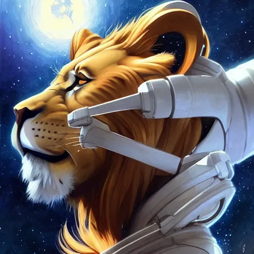 Prompt: an lion wearing a astronaut outfit,character design by charlie bowater, ross tran, artgerm, and makoto shinkai, detailed, inked, western comic book art, 2021 award winning painting,digital art,ultra realistic,ultra detailed,art by greg rutkowski,photorealistic,hyperdetailed,relaxed