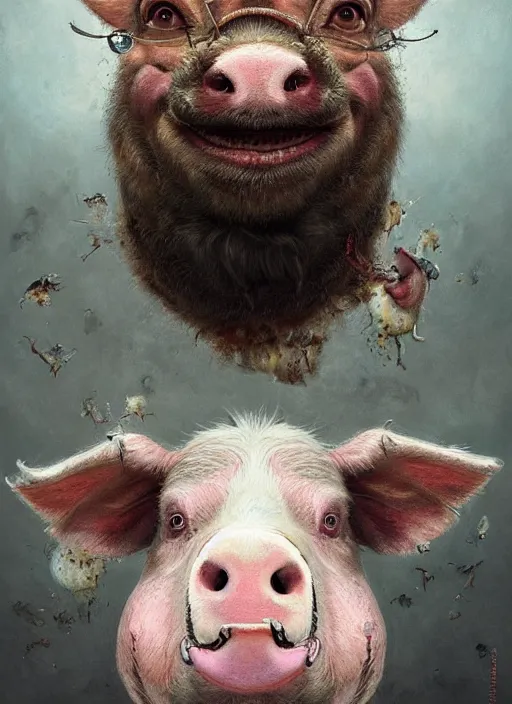 Image similar to a hyper detailed painting of an anthropomorphic joaquin phoenix, cow, pig, sheep, chicken, horror, by anna podedworna, by miklos ligeti, by diego maricato, by taran fiddler, by antonino truisi, by chris reddie, by jinsung lim, trending on artstation