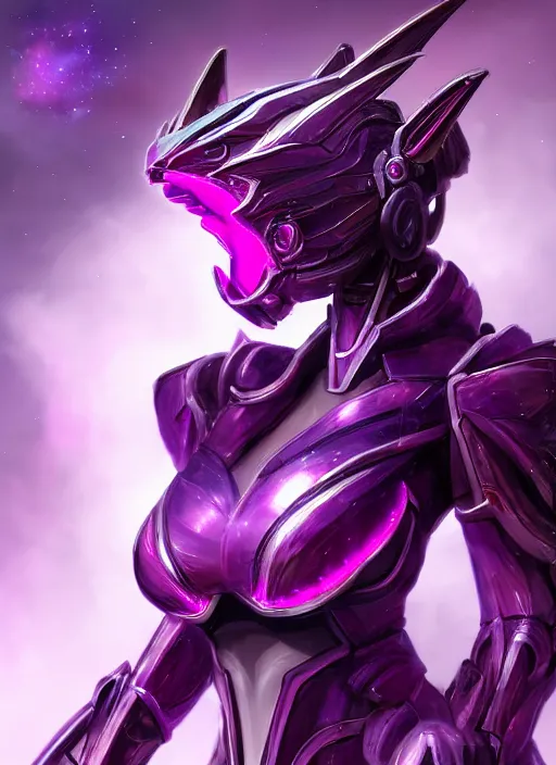 Image similar to cinematic goddess close shot, cosmic sized beautiful stunning elegant hot giant robot mecha female dragon, sharp cyborg dragon head, sharp metal ears, led glowing purple eyes, smooth fuschia skin, smooth silver armor, floating in space, epic proportions, epic scale, macro furry, furry art, dragon art, giantess art, warframe fanart, furaffinity, octane