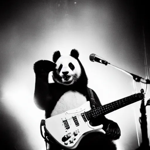 Image similar to concert photography of a panda bear singer, black and white, flashpoint flash, leica s, bruce gilden