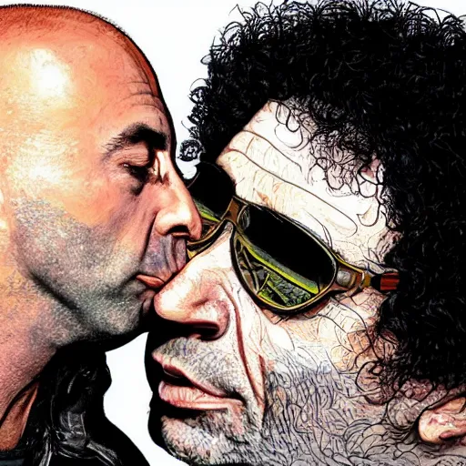 Image similar to Joe Rogan and Howard Stern kissing, intricate, highly detailed, concept art, smooth, sharp focus, illustration, medium shot, mid-shot