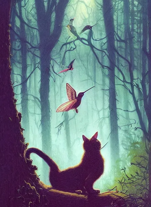 Image similar to a hyper realistic illustrated cat with playing with a hummingbird on its paw in the woods gorgeous lighting, k _ lms lush forest foliage painting by chiara bautista and beksinski and norman rockwell and greg rutkowski weta studio, and lucasfilm