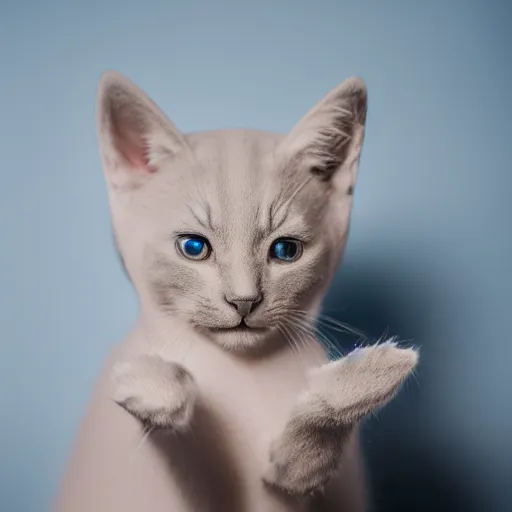 Prompt: an origami kitten in a light blue room, studio photo, dslr, soft lighting