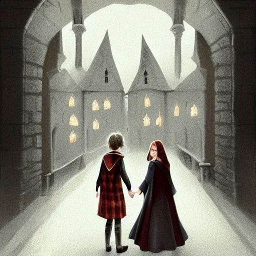 Prompt: harry potter and hermione hand in hand walking in hogwarts yard, elves around, lovely, lightly dark theme, harry potter theme, trending on artstation