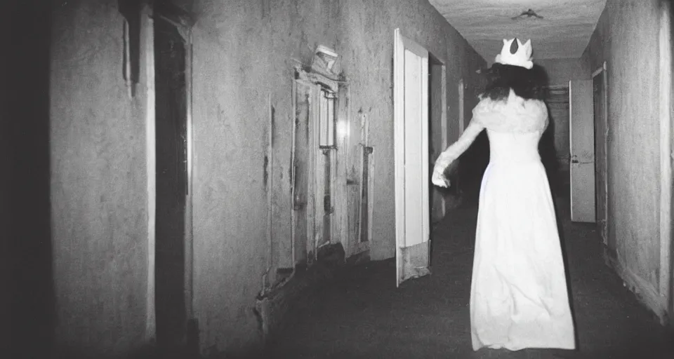 Prompt: A beautiful woman in white is walking dark hallway in old mansion at midnight , view from front, Halloween color film.