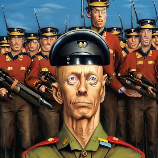 Image similar to peter elson painting of an decorated anthropomorphic dog in an army uniform