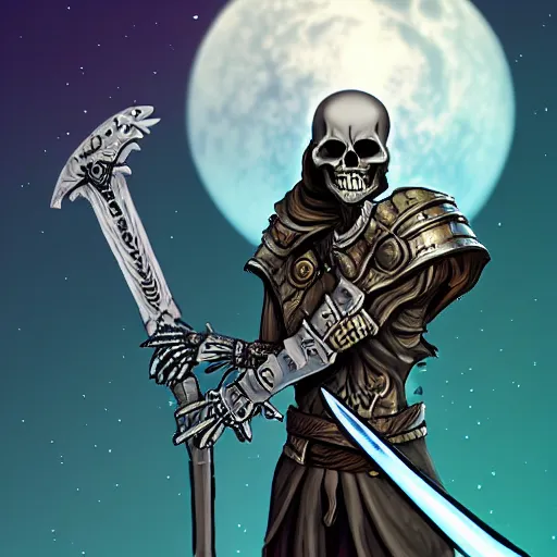 Image similar to skeleton space pirate holding a vibrosword, epic fantasy character art