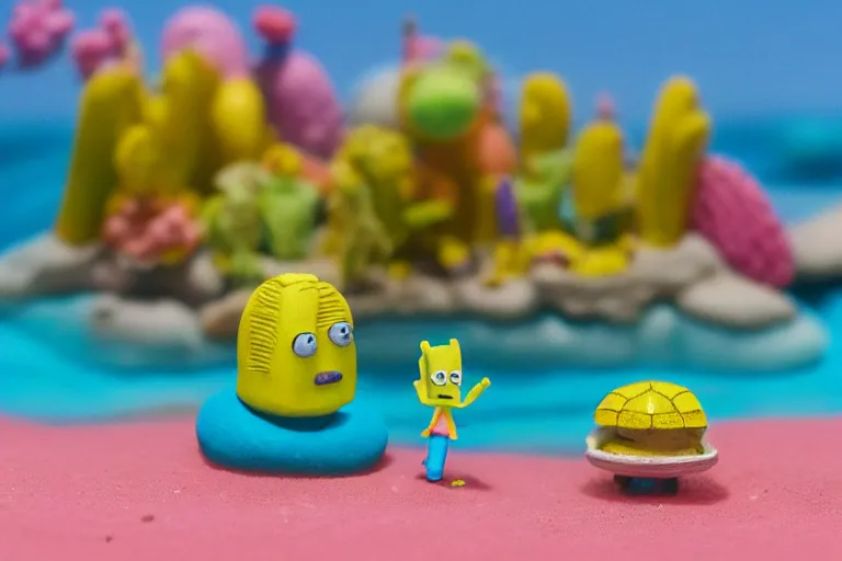 Prompt: miniatures photography of bikini bottom ( spongebob location ), everything has a plasticine sheen