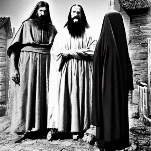 Prompt: super tall breton monks with short village ritualist pagan woman looking like rasputin