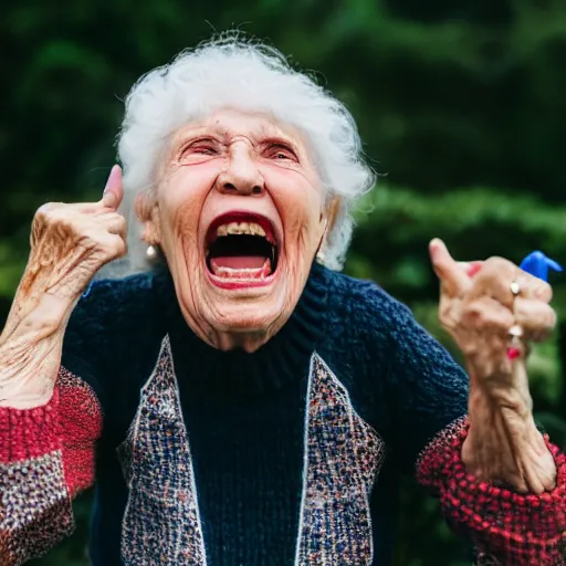 Image similar to elderly woman screaming at a party, canon eos r 3, f / 1. 4, iso 2 0 0, 1 / 1 6 0 s, 8 k, raw, unedited, symmetrical balance, wide angle