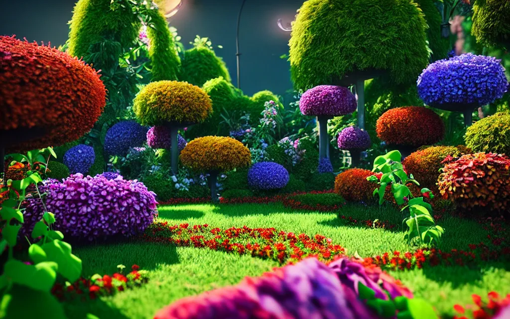 Image similar to a sprawling garden with many flowers and vines, sunny day, beautiful lighting, vivid colors!, highly detailed, cinematic, octane render, 4 k, trending on artstation, deviantart featured