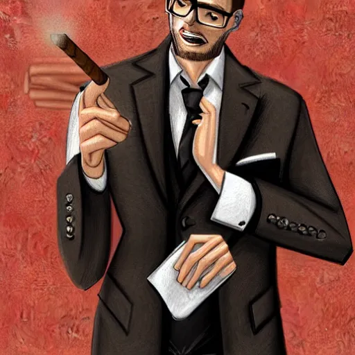 Prompt: a man with a stubble and suit smoking a cigar with glasses on,D&D, sci-fi, elegant, hopeful, muscular, highly detailed, digital painting, artstation, concept art, smooth, sharp focus, illustration