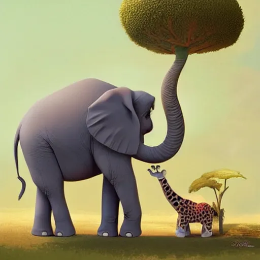 Prompt: cute elephant playing wiht a giraffe, artwork by goro fujita,