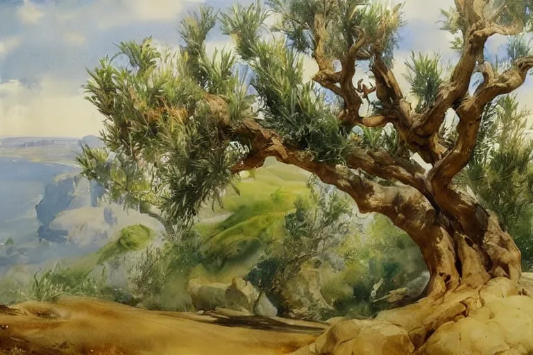 Image similar to watercolor painting of olive tree, scandinavian mythology, art by hans gude, art by hans dahl, by jesper ejsing, art by anders zorn, wonderful masterpiece by greg rutkowski, cinematic light, american romanticism by greg manchess, creation by tyler edlin