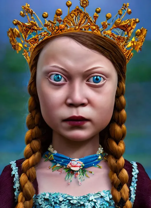 Prompt: closeup face profile portrait of tin toy greta thunberg as a fairytale goth princess wearing a crown eating cakes, bikini, depth of field, zeiss lens, detailed, symmetrical, centered, fashion photoshoot, by nicoletta ceccoli, mark ryden, lostfish, breathtaking, 8 k resolution, extremely detailed, beautiful, establishing shot, artistic, hyperrealistic, octane render