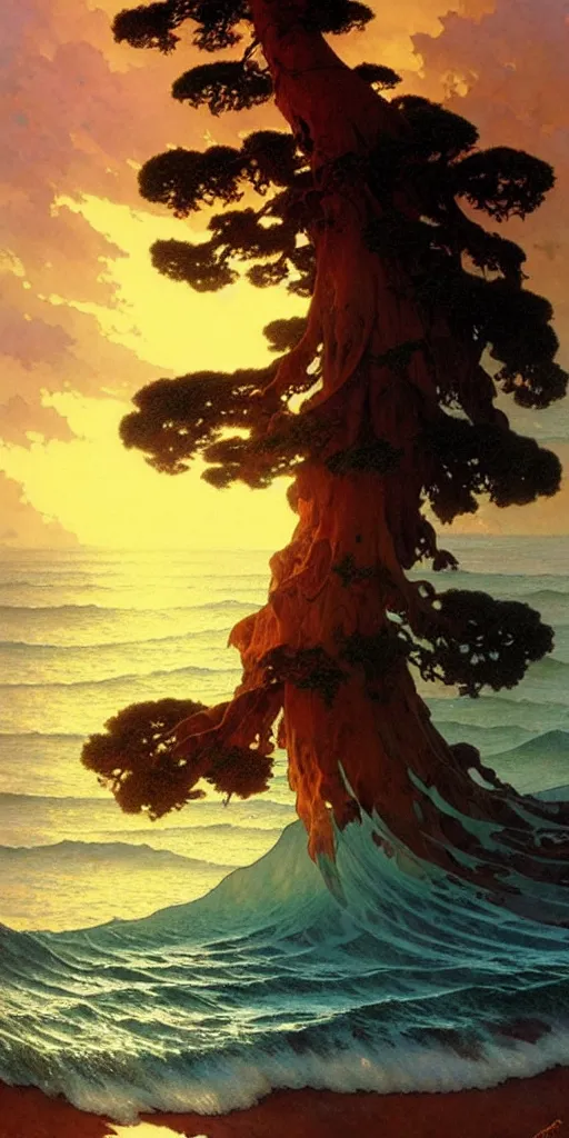 Prompt: ocean wave around ancient sequoia tree, water, ripples, backlit, sunset, refracted lighting, art by collier, albert aublet, krenz cushart, artem demura, alphonse mucha