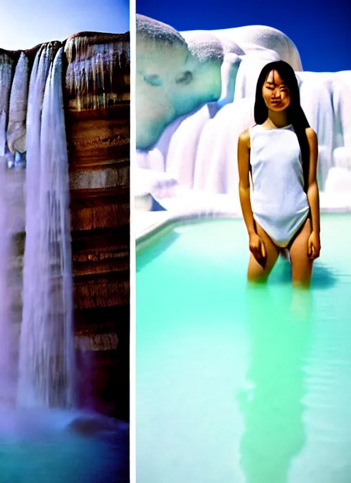 Image similar to Kodak Portra 400, 8K, soft light, volumetric lighting, highly detailed, britt marling style 3/4 ,portrait photo of teen Kasumi Arimura, the face emerges from Pamukkale, thermal waters flowing down white travertine terraces, inspired by Ophelia paint , a beautiful luxurious celestial suit and hair are intricate with highly detailed realistic beautiful flowers , Realistic, Refined, Highly Detailed, interstellar outdoor soft pastel lighting colors scheme, outdoor fine art photography, Hyper realistic, photo realistic