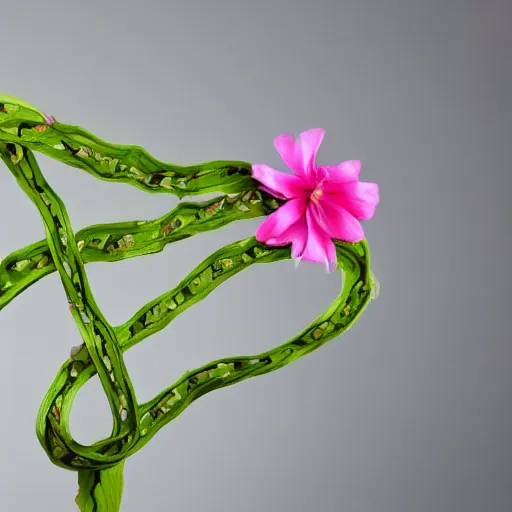 Image similar to studio photograph of a thin green vine creature with vine limbs and a pink blooming flower mouth with many sharp teeth