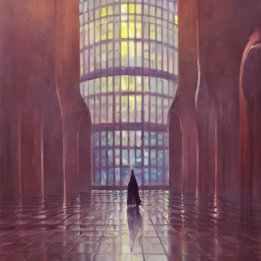 Image similar to scene, moment, beautiful woman, courtyard, capital, cybermosque interior, control panel, watcher, omniscient, tech noir, wet reflections, impressionism, matte painting, speed painting, chiaroscuro, oil on canvas