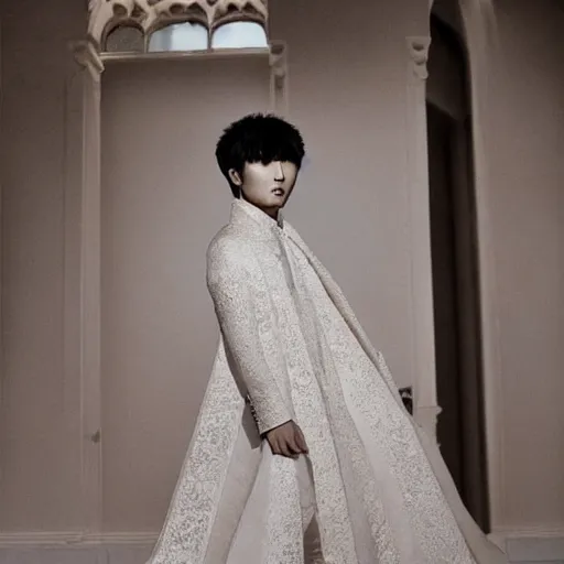 Image similar to a beautiful young korean male wearing a translucid lace wedding gown designed by alexander mcqueen, photographed by andrew thomas huang for a fashion editorial