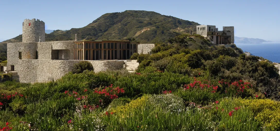 Image similar to castle designed by renzo piano overlooking big sur. landscape design by gertrude jekyll.