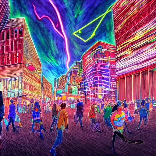 Image similar to landscape of people running away scared from crypto logos standing in the city, digital drawing, beautiful lightning, sharp colors, hyper - detailed, hdr, 8 k