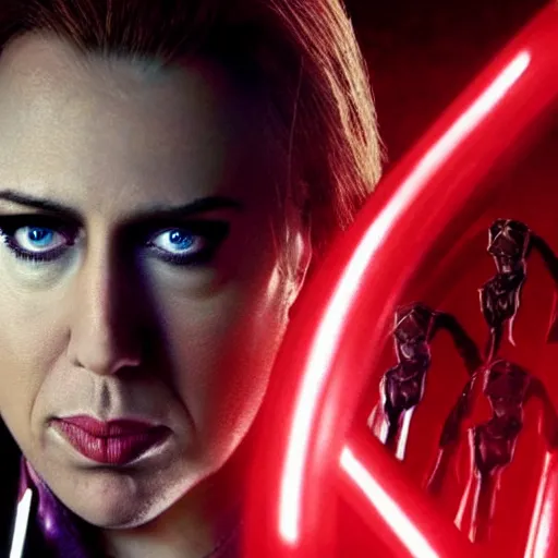 Prompt: a still frame of nicholas cage as black widow, from the 2 0 1 2 film the avengers