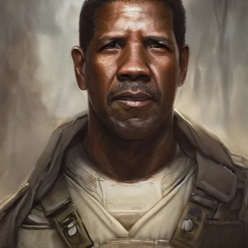 Image similar to portrait of a man by greg rutkowski, denzel washington as a colonial marine from aliens franchise, he is about 5 0 years old, military composure, wearing the tactical gear of the colonial marines, highly detailed portrait, digital painting, artstation, concept art, smooth, sharp foccus ilustration, artstation hq