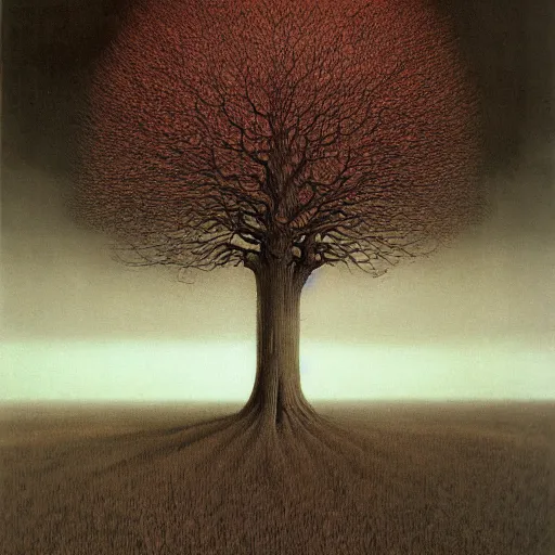 Image similar to a large tree on a plain lit on fire. by zdzisław beksinski.