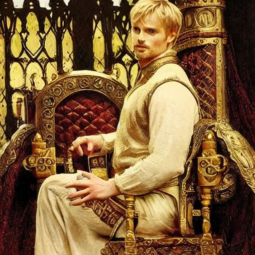 Prompt: attractive bradley james as king arthur pendragon, sat in his throne, big arches in the back, very detailed painting, by gaston bussiere, j. c. leyendecker