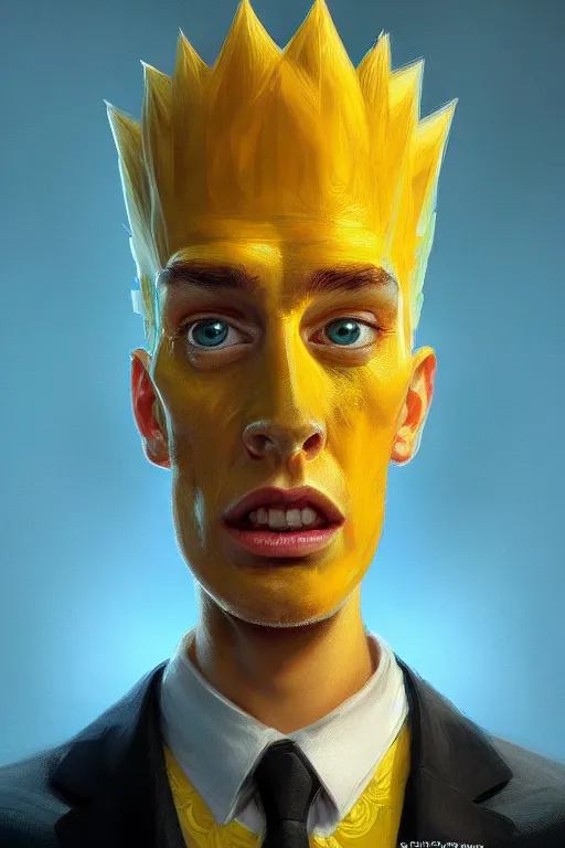 Image similar to highly detailed portrait of an elegant bart simpson, ornate crown, beautiful symmetrical face, glowing skin, digital painting, artstation, concept art, smooth, clear focus, illustration, greg rutkowski, artgerm, global lighting, detailed and fantasy