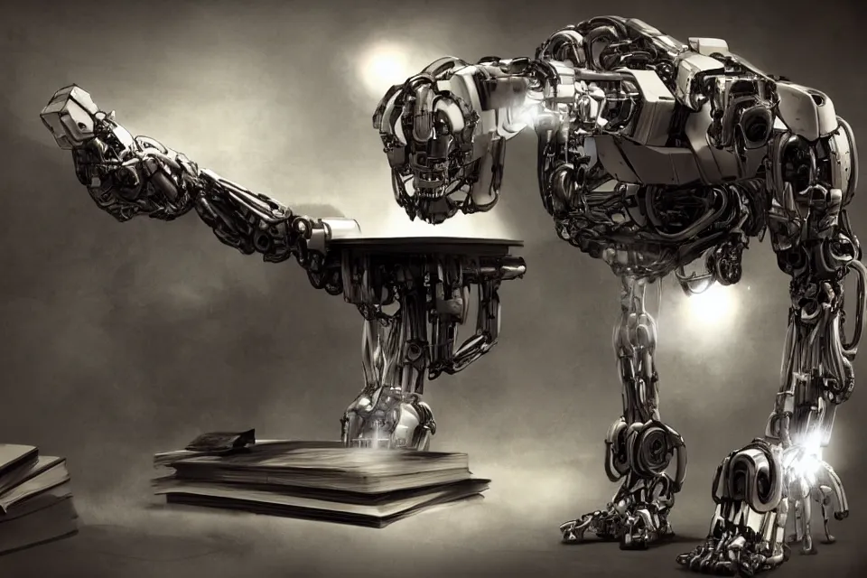 Prompt: a terminator robot coming out from a book on a table, sci-fi style, concept art