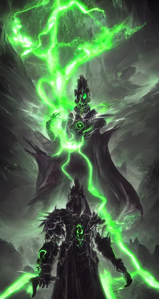 Image similar to illustration of dark priest holding green lightning, black halo, evil, power, green mist, scary, photorealistic, unreal engine, hellish background , Mtg , Dnd ,