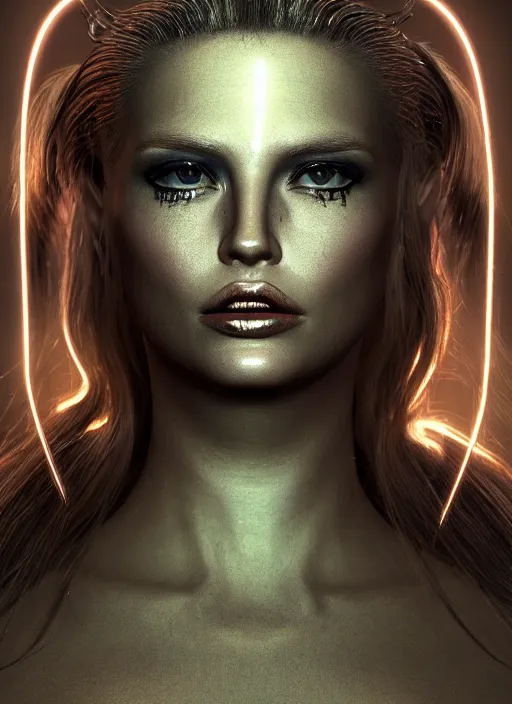 Image similar to beauteous sumptuous face by h. r. giger, cinematic forest lighting, with incredible iridescent pearlescent voluminous fluorescent neon laser beam hair, delicate crystalline masterpiece tattoos, hyperdetailed face, elegant pose, movie still, intricate, octane render, unreal engine, crepuscular rays, god rays