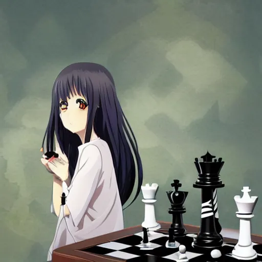 Image similar to anime art of long black hair anime girl pondering next to a chess set, official art