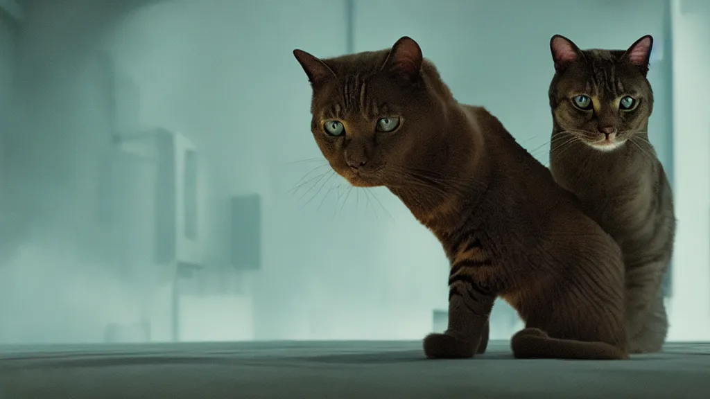 Image similar to the forbidden cat, film still from the movie directed by denis villeneuve and david cronenberg with art direction by salvador dali, wide lens