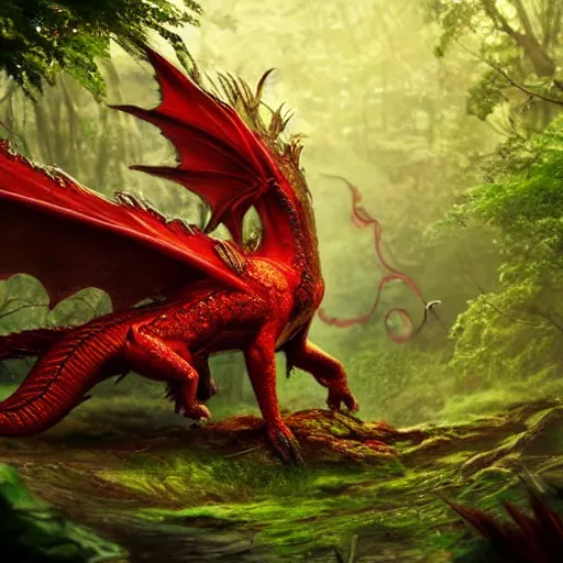 Image similar to red fire dragon in verdant forest, dnd character, background focus, high fantasy, magic, regal, realistic textured skin, gemstone textured scales, wings extended, spitting fire, huge eyes, clear clean, by lya kushinov, Avetetsuya Studios, Alexandra Fomina artstation, by Makoto Shinkai, Shinerai, matte painting