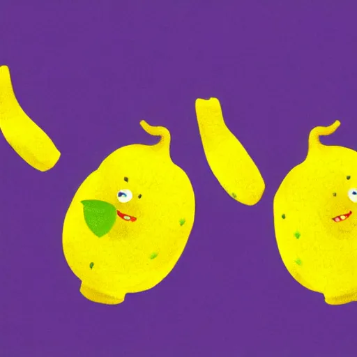 Image similar to An illustration of lemons with arms and legs dancing.