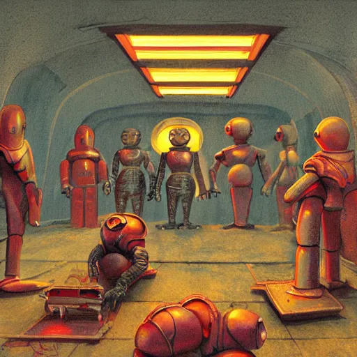 Image similar to medieval extraterrestrial villagers pointing to broken non - functioning robot sitting on floor in corner of room, colorful, dramatic lighting, illustration, fantastic planet, ron cobb, mike mignogna, jim henson creature shop, science fiction, detailed painting, high detail, coherent, rough paper