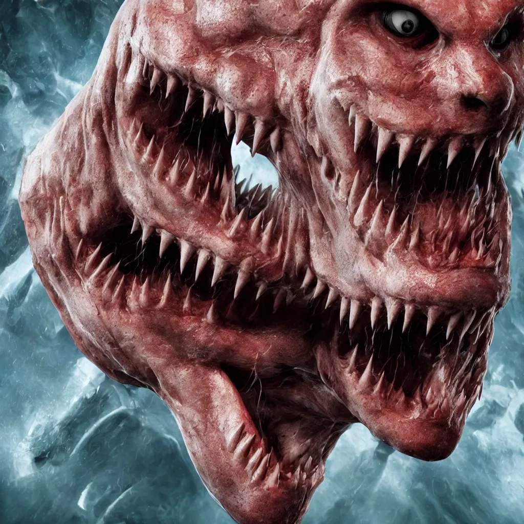Image similar to A human with shark head made of muscles and flesh, very angry, teeth, ambient light, terror, glows, realistic, photo-realism, hyper realism, picture, detailed, 3D render, scary, distant shot, in the distance,